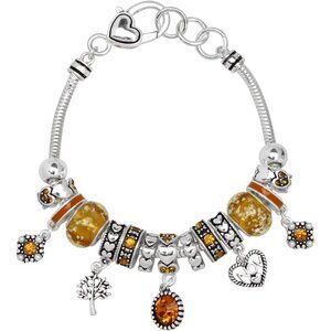 Birthstone Bracelet Multi-Color Charm Beads Silvertone Elegant 7"